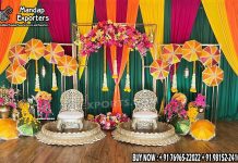 Colorful Punjabi Wedding Vatna Ceremony Stage Decor we are manufacturer and exporters of all types pof wedding product like - wedding mandap , crystal mandaps ,metal mandaps, stages , wedding frames/panels, wedding sofa set, bride groom chairs, mandap chairs ,punjabi culture statues , wedding swings , horse drawn carriages ,backdrop curtain etc.