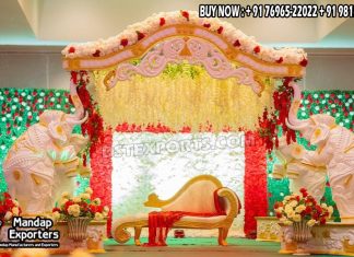 Elegant Elephant Mandap Decor For Calgary Wedding Halls Fiber Mandaps, Wooden Mandaps, Crystal Mandaps, Metal Mandaps, Mandap stage, Indian Mandaps, Modern mandaps, open mandap, Wooden Look Mandap, FRP Mandaps, Antique Mandaps, Brown Mandap, Wooden look fiber mandap