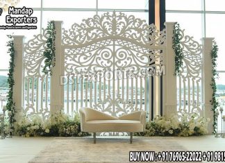 Elegant White Fiber Gate Frame For Wedding Stages Wedding Mandaps Wedding Stages Wedding Furniture Horse Drawn Carriages Fiber Decoration Items Mehndi Sangeet and Haldi decor props
