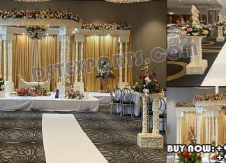 Grand Fiber Carved White Triple Pole Wedding Mandap