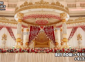 Grand Wedding Event Banquet Hall Crown Mandap Fiber Mandaps, Wooden Mandaps, Crystal Mandaps, Metal Mandaps, Mandap stage, Indian Mandaps, Modern mandaps, open mandap, Wooden Look Mandap, FRP Mandaps, Antique Mandaps, Brown Mandap, Wooden look fiber mandap
