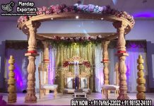 Ravishing Wooden Mandap for Gujarati Weddings Fiber Mandaps, Wooden Mandaps, Crystal Mandaps, Metal Mandaps, Mandap stage, Indian Mandaps, Modern mandaps, open mandap, Wooden Look Mandap, FRP Mandaps, Antique Mandaps, Brown Mandap, Wooden look fiber mandap