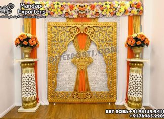 South India Half Saree Ceremony Stage Decor Props we are manufacturer and star exporters of all types pof wedding product like - wedding mandap , crystal mandaps ,metal mandaps, stages , wedding frames/panels, wedding sofa set, bride groom chairs, mandap chairs ,punjabi culture statues , wedding swings , horse drawn carriages ,backdrop curtain etc.