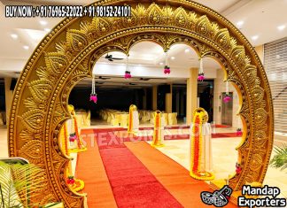 Tamilian Wedding Decor Half Moon Arch Entrance Setup Fiber Mandaps, Wooden Mandaps, Crystal Mandaps, Metal Mandaps, Mandap stage, Indian Mandaps, Modern mandaps, open mandap, Wooden Look Mandap, FRP Mandaps, Antique Mandaps, Brown Mandap, Wooden look fiber mandap