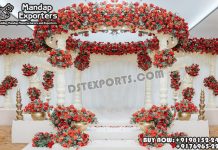 White Chic Thin Pillars Wedding Mandap Decor iber Mandaps, Wooden Mandaps, Crystal Mandaps, Metal Mandaps, Mandap stage, Indian Mandaps, Modern mandaps, open mandap, Wooden Look Mandap, FRP Mandaps, Antique Mandaps, Brown Mandap, Wooden look fiber mandap