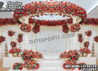 White Chic Thin Pillars Wedding Mandap Decor iber Mandaps, Wooden Mandaps, Crystal Mandaps, Metal Mandaps, Mandap stage, Indian Mandaps, Modern mandaps, open mandap, Wooden Look Mandap, FRP Mandaps, Antique Mandaps, Brown Mandap, Wooden look fiber mandap