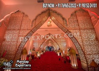 Moroccan Wedding Entrance With Decor Panels Fiber Mandaps, Wooden Mandaps, Crystal Mandaps, Metal Mandaps, Mandap stage, Indian Mandaps, Modern mandaps, open mandap, Wooden Look Mandap, FRP Mandaps, Antique Mandaps, Brown Mandap, Wooden look fiber mandap
