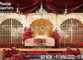 Royal Muslim Walima Stage Backdrop Mirror & Metal Screens Fiber Mandaps, Wooden Mandaps, Crystal Mandaps, Metal Mandaps, Mandap stage, Indian Mandaps, Modern mandaps, open mandap, Wooden Look Mandap, FRP Mandaps, Antique Mandaps, Brown Mandap, Wooden look fiber mandap