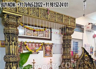 South Indian House Warming Entrance Decor with Pillars Fiber Mandaps, Wooden Mandaps, Crystal Mandaps, Metal Mandaps, Mandap stage, Indian Mandaps, Modern mandaps, open mandap, Wooden Look Mandap, FRP Mandaps, Antique Mandaps, Brown Mandap, Wooden look fiber mandap