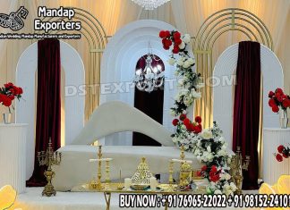 Modern Wedding Wooden Arches For Stage Decor Wedding Mandaps Wedding Stages Wedding Furniture Horse Drawn Carriages Fiber Decoration Items Mehndi Sangeet and Haldi decor props