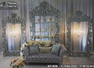 Silver Designer Frames For Wedding Stage Decor Wedding Mandaps Wedding Stages Wedding Furniture Horse Drawn Carriages Fiber Decoration Items Mehndi Sangeet and Haldi decor props