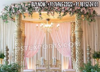 Evergreen Golden Carved Pillar Mandap For Fusion Weddings Wedding Mandaps Wedding Stages Wedding Furniture Horse Drawn Carriages Fiber Decoration Items Mehndi Sangeet and Haldi decor props