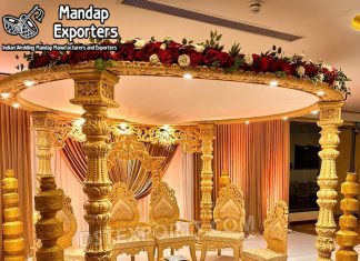 Four Pillar Avni Mandap For Low Budget Wedding Wedding Mandaps Wedding Stages Wedding Furniture Horse Drawn Carriages Fiber Decoration Items Mehndi Sangeet and Haldi decor props