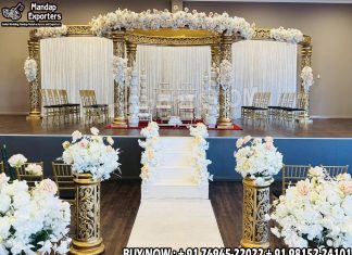Glorifying Golden Design Mandap For Affordable Weddings Wedding Mandaps Wedding Stages Wedding Furniture Horse Drawn Carriages Fiber Decoration Items Mehndi Sangeet and Haldi decor props
