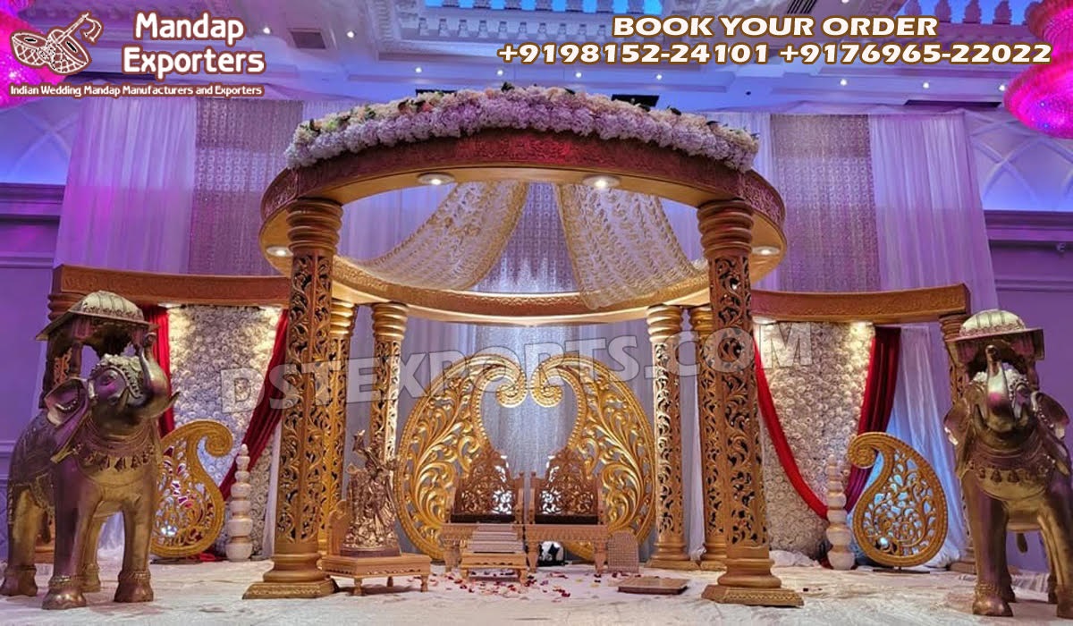 Gorgeous Indoor Wedding Golden Carved Mandap