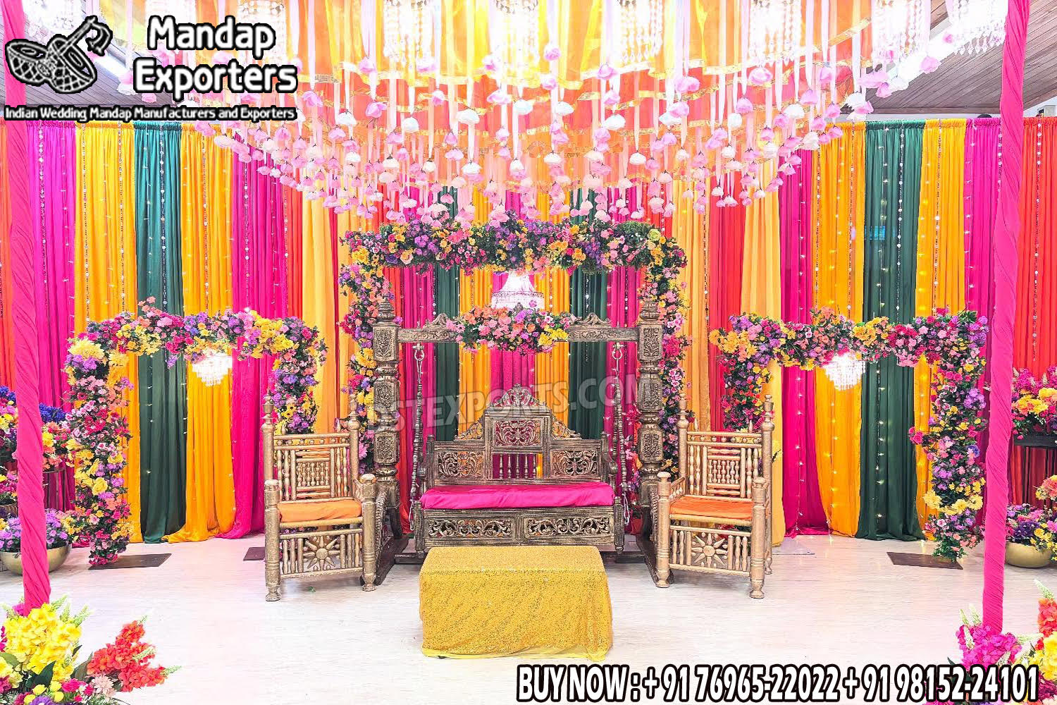 we are manufacturer and exporters of all types of wedding product like - wedding mandap , crystal mandaps ,metal mandaps, wooden mandaps , stages , wedding frames/panels, wedding sofa set, bride groom chairs, mandap chairs ,punjabi culture statues , wedding swings , horse drawn carriages ,backdrop curtain etc.
