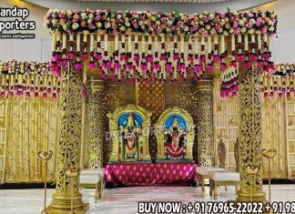 Exclusive Golden Carved Mandap For Telugu Weddings Wedding Mandaps Wedding Stages Wedding Furniture Horse Drawn Carriages Fiber Decoration Items Mehndi Sangeet and Haldi decor props