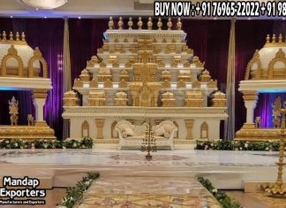 Golden Grand Manavarai Mandap For South Indian Weddings Wedding Mandaps Wedding Stages Wedding Furniture Horse Drawn Carriages Fiber Decoration Items Mehndi Sangeet and Haldi decor props