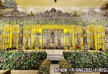 Grand Dravidian Carved Mandap Decor For South Indian Wedding Wedding Mandaps Wedding Stages Wedding Furniture Horse Drawn Carriages Fiber Decoration Items Mehndi Sangeet and Haldi decor props