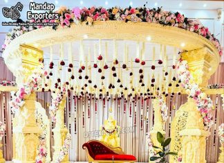 Hindu Wedding Fiber Carved Ganesh Pillar Mandap Wedding Mandaps Wedding Stages Wedding Furniture Horse Drawn Carriages Fiber Decoration Items Mehndi Sangeet and Haldi decor props