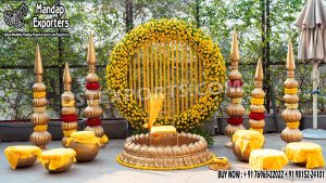 Traditional Haldi Stage With Lotus Urli And Gumbad Wedding Mandaps Wedding Stages Wedding Furniture Horse Drawn Carriages Fiber Decoration Items Mehndi Sangeet and Haldi decor props