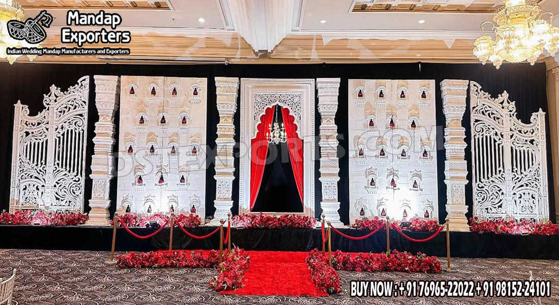 Elegant Wedding Entrance & Reception Stage for Luxury UK VenuesWedding Mandaps Wedding Stages Wedding Furniture Horse Drawn Carriages Fiber Decoration Items Mehndi Sangeet and Haldi decor props