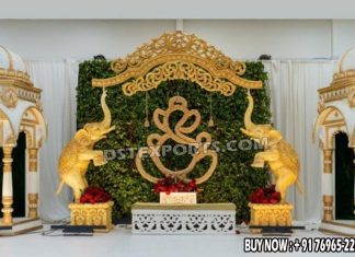 Traditional Elephant Theme Golden Fiber Wedding Stage UK Indian Wedding Stage Frame USA,Wedding Backdrop Frame Canada, Grand Wedding Panel Malaysia,Reception Stage Decor Australia,Floral Arch Panels for Wedding,Carved Wedding Backdrop Exporter,Royal Stage Frame Indian Wedding,Victorian Style Backdrop for Marriage,Luxury Wedding Stage Background.