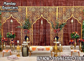 Arabian Theme Laser Cut Wedding Backdrop Arches Wedding Mandaps Wedding Stages Wedding Furniture Horse Drawn Carriages Fiber Decoration Items Mehndi Sangeet and Haldi decor props