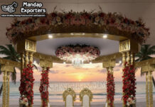 Beachside Destination Wedding Triple Pole Mandap UK Wedding Mandaps Wedding Stages Wedding Furniture Horse Drawn Carriages Fiber Decoration Items Mehndi Sangeet and Haldi decor props