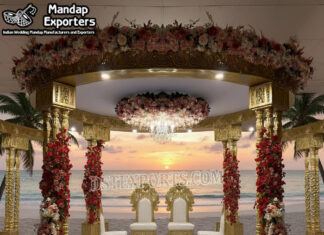 Beachside Destination Wedding Triple Pole Mandap UK Wedding Mandaps Wedding Stages Wedding Furniture Horse Drawn Carriages Fiber Decoration Items Mehndi Sangeet and Haldi decor props