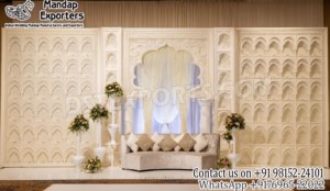 Wedding Stage Panels, Jharokha Style Wedding Backdrop, Luxury Stage Decoration Panels, Indian Wedding Stage Decor, White Wedding Backdrop Panels, Fiberglass Stage Panels, Reception Stage Background, Wedding Sofa with Backdrop, Traditional Wedding Stage Ideas, Elegant Wedding Stage Setup, Event Decor Panels, Mandap Exporters Wedding Stage