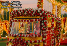 Decorative Wedding Tuk Tuk For Traditional Indian Bride Entry Decorative Wedding Tuk Tuk For Traditional Indian Bride Entry with colorful motifs and elegant bridal seating”