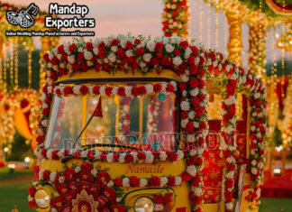 Decorative Wedding Tuk Tuk For Traditional Indian Bride Entry Decorative Wedding Tuk Tuk For Traditional Indian Bride Entry with colorful motifs and elegant bridal seating”