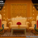 "Designer Golden Candle Wall Backdrop with Moroccan lattice panels, candle-style lights, and luxury wedding sofa seating – perfect for royal wedding stage decoration in the UK."