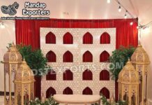 Elegant Moroccan-Themed Decor for Mehendi Events Elegant Moroccan-Inspired Candle Shelf Backdrop for Mehndi & Sangeet Events | Perfect for Haldi, Bridal Photos & Entry Decor | Includes Golden Lanterns & Floral Accents | Premium Quality by Mandap Exporters