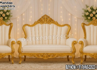 Elegant Wedding Reception Sofa Set UK Wedding Mandaps Wedding Stages Wedding Furniture Horse Drawn Carriages Fiber Decoration Items Mehndi Sangeet and Haldi decor props