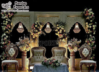 Golden Moroccan Arch Frames For Nikah & Walima Stage Wedding Mandaps Wedding Stages Wedding Furniture Horse Drawn Carriages Fiber Decoration Items Mehndi Sangeet and Haldi decor props