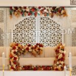 wooden wedding backdrop panels, carved wooden backdrop, wedding stage decoration panels, wooden arch panels, Muslim wedding backdrop, Walima stage decoration, Indian wedding backdrop supplier, luxury wedding stage panels, handcrafted wooden backdrops, wedding reception stage décor, cultural event backdrop, wooden event décor panels, DST Exports backdrop panels, traditional wedding stage design, wedding backdrop exporter.
