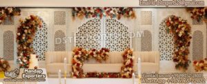 wooden wedding backdrop panels, carved wooden backdrop, wedding stage decoration panels, wooden arch panels, Muslim wedding backdrop, Walima stage decoration, Indian wedding backdrop supplier, luxury wedding stage panels, handcrafted wooden backdrops, wedding reception stage décor, cultural event backdrop, wooden event décor panels, DST Exports backdrop panels, traditional wedding stage design, wedding backdrop exporter.