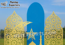 Hot Selling Luxury Walima Stage Frame Arch Panels Set Wedding Mandaps Wedding Stages Wedding Furniture Horse Drawn Carriages Fiber Decoration Items Mehndi Sangeet and Haldi decor props