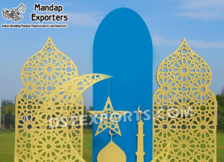 Hot Selling Luxury Walima Stage Frame Arch Panels Set Wedding Mandaps Wedding Stages Wedding Furniture Horse Drawn Carriages Fiber Decoration Items Mehndi Sangeet and Haldi decor props