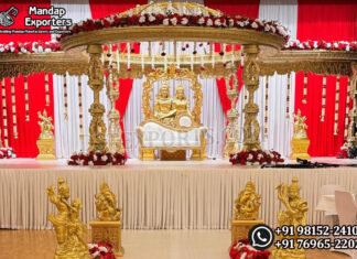 Luxury Lotus Pillar Wooden Mandap For UK Wedding Ceremonies Wedding Mandaps Wedding Stages Wedding Furniture Horse Drawn Carriages Fiber Decoration Items Mehndi Sangeet and Haldi decor props