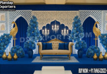 Mughal-Inspired Reception Stage Setup UK Wedding Mandaps Wedding Stages Wedding Furniture Horse Drawn Carriages Fiber Decoration Items Mehndi Sangeet and Haldi decor props