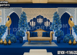 Mughal-Inspired Reception Stage Setup UK Wedding Mandaps Wedding Stages Wedding Furniture Horse Drawn Carriages Fiber Decoration Items Mehndi Sangeet and Haldi decor props