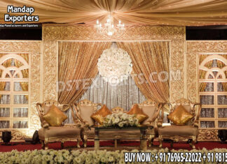 Muslim Wedding Golden Carved Fiber Frames UK Wedding Mandaps Wedding Stages Wedding Furniture Horse Drawn Carriages Fiber Decoration Items Mehndi Sangeet and Haldi decor props