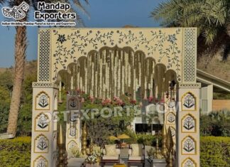 Outdoor Weddings Jharokha-Style Mirror Mandap mandap , wedding manfap , mirror mandap ,wooden mandap ,outdoor weddings, receptions, and cultural events ,