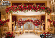 Traditional Triple Pillar Wooden Mandap For Gujarati Weddings Wedding Mandaps Wedding Stages Wedding Furniture Horse Drawn Carriages Fiber Decoration Items Mehndi Sangeet and Haldi decor props