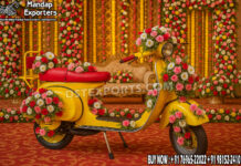 Vibrant Haldi Mehndi Colorful Entry Scooter Prop Vibrant Haldi Mehndi Colorful Entry Scooter Prop For Traditional Indian Bride Entry with colorful motifs and elegant bridal seating
