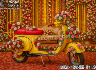 Vibrant Haldi Mehndi Colorful Entry Scooter Prop Vibrant Haldi Mehndi Colorful Entry Scooter Prop For Traditional Indian Bride Entry with colorful motifs and elegant bridal seating