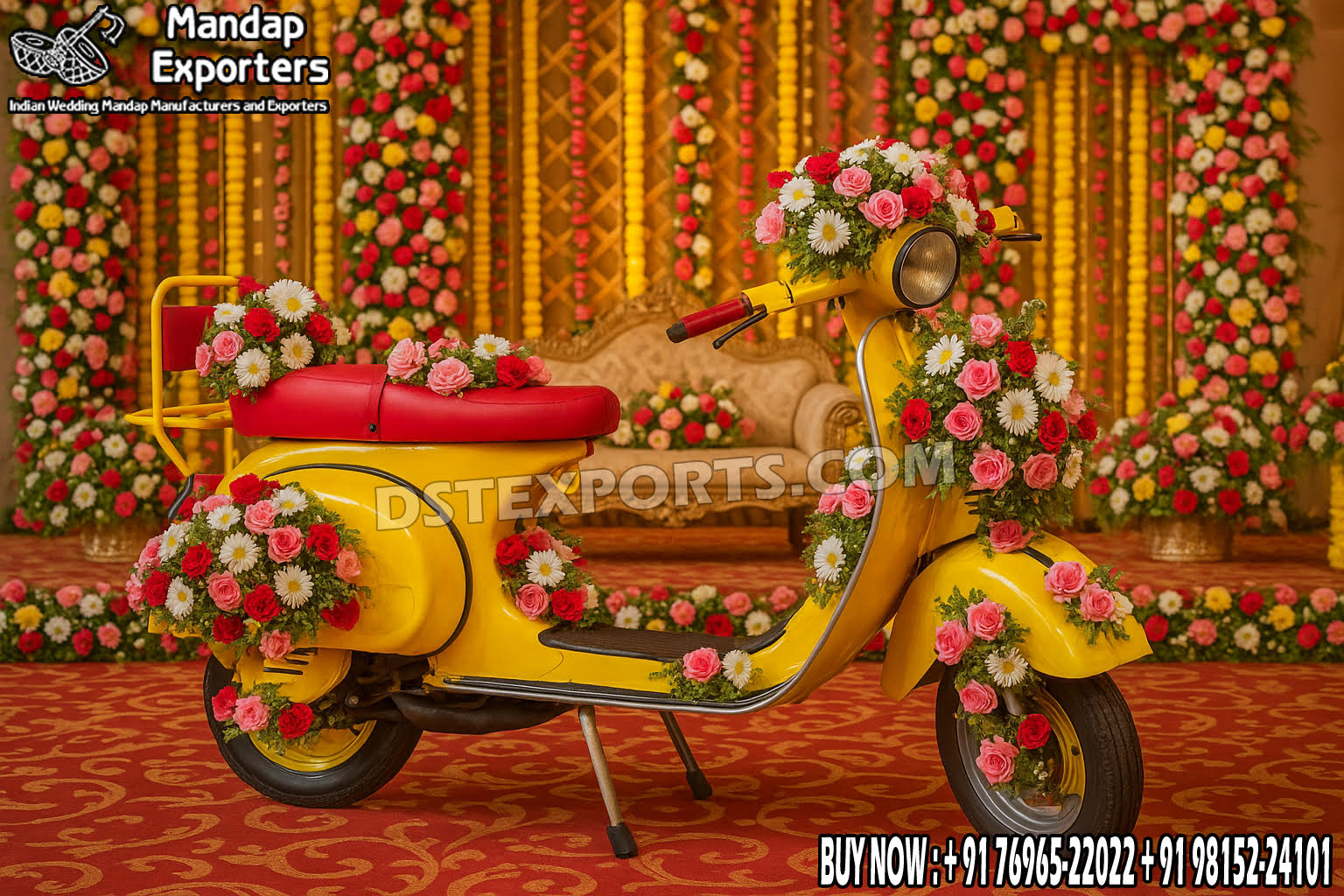 Vibrant Haldi Mehndi Colorful Entry Scooter Prop For Traditional Indian Bride Entry with colorful motifs and elegant bridal seating